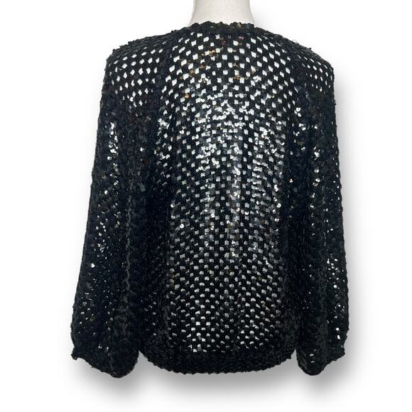 Vintage 80s Three Flaggs Sz Medium Black Sequin Disco Mesh Top Pullover - Picture 2 of 8